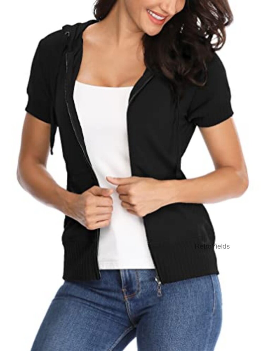 Women's Zip Up Hoodie Short Sleeve Jacket Lightweight Cotton Polyester